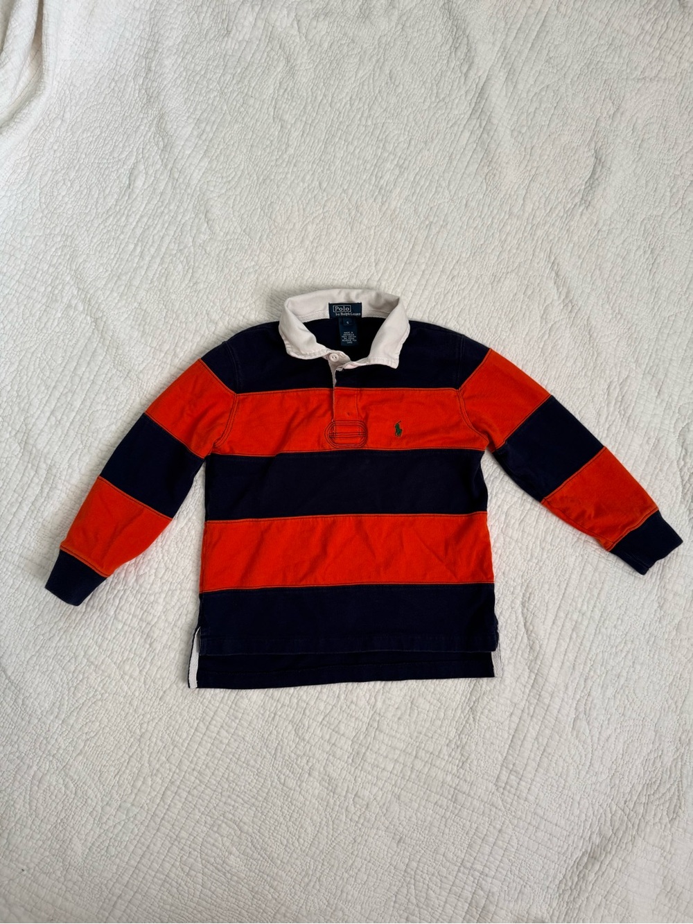 Ralph Lauren Polo Boys Rugby Shirt - Orange & Navy Stripes, Small